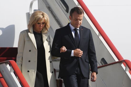 French President Emmanuel Macron arrives in St. Petersburg