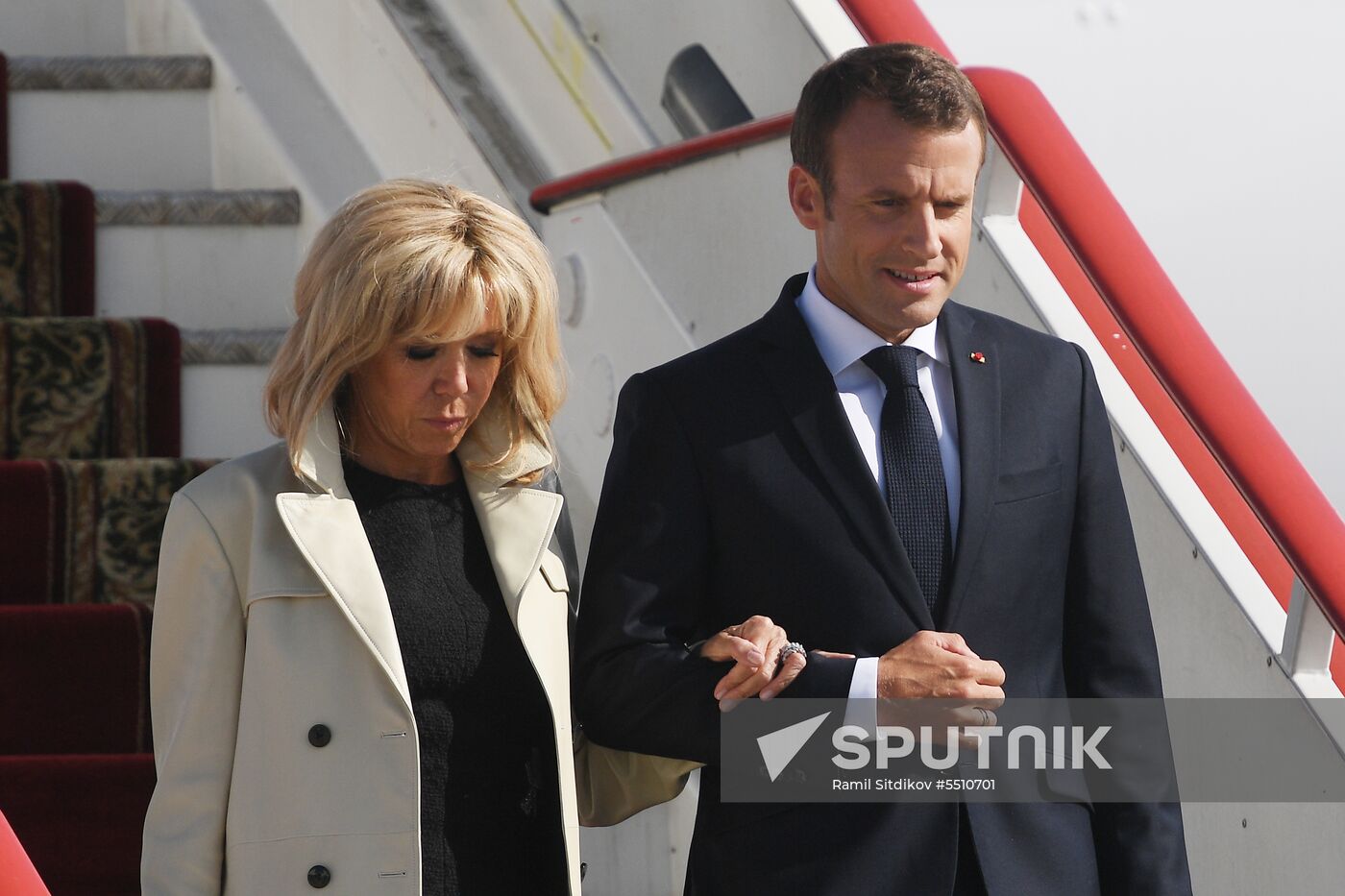 French President Emmanuel Macron arrives in St. Petersburg