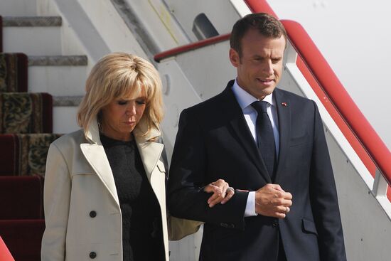 French President Emmanuel Macron arrives in St. Petersburg