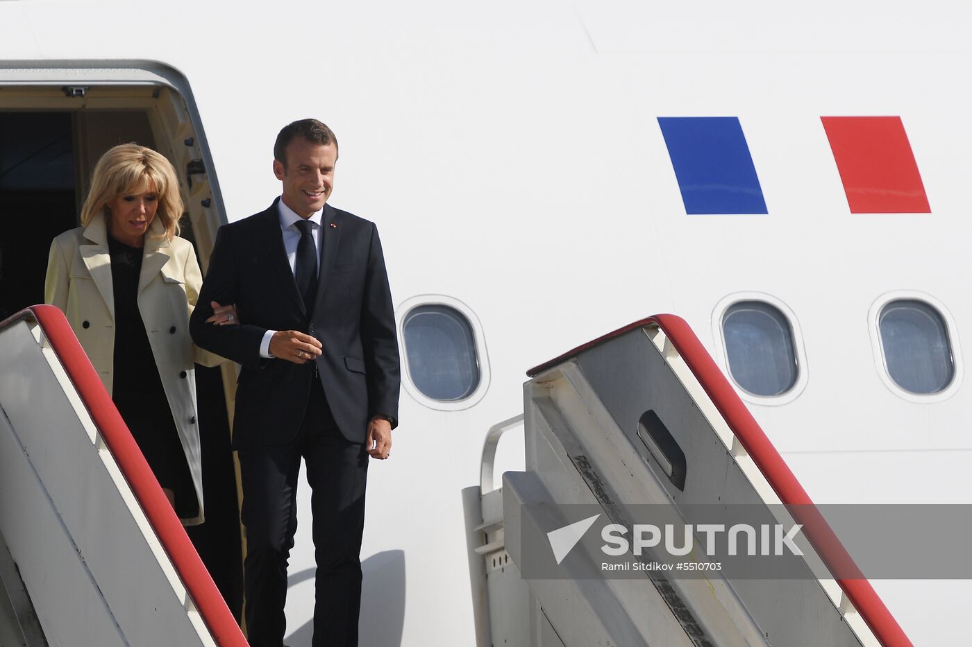 French President Emmanuel Macron arrives in St. Petersburg