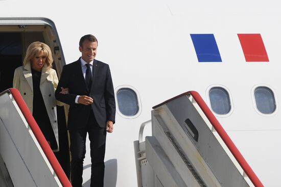 French President Emmanuel Macron arrives in St. Petersburg