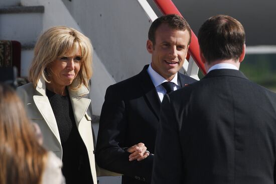French President Emmanuel Macron arrives in St. Petersburg