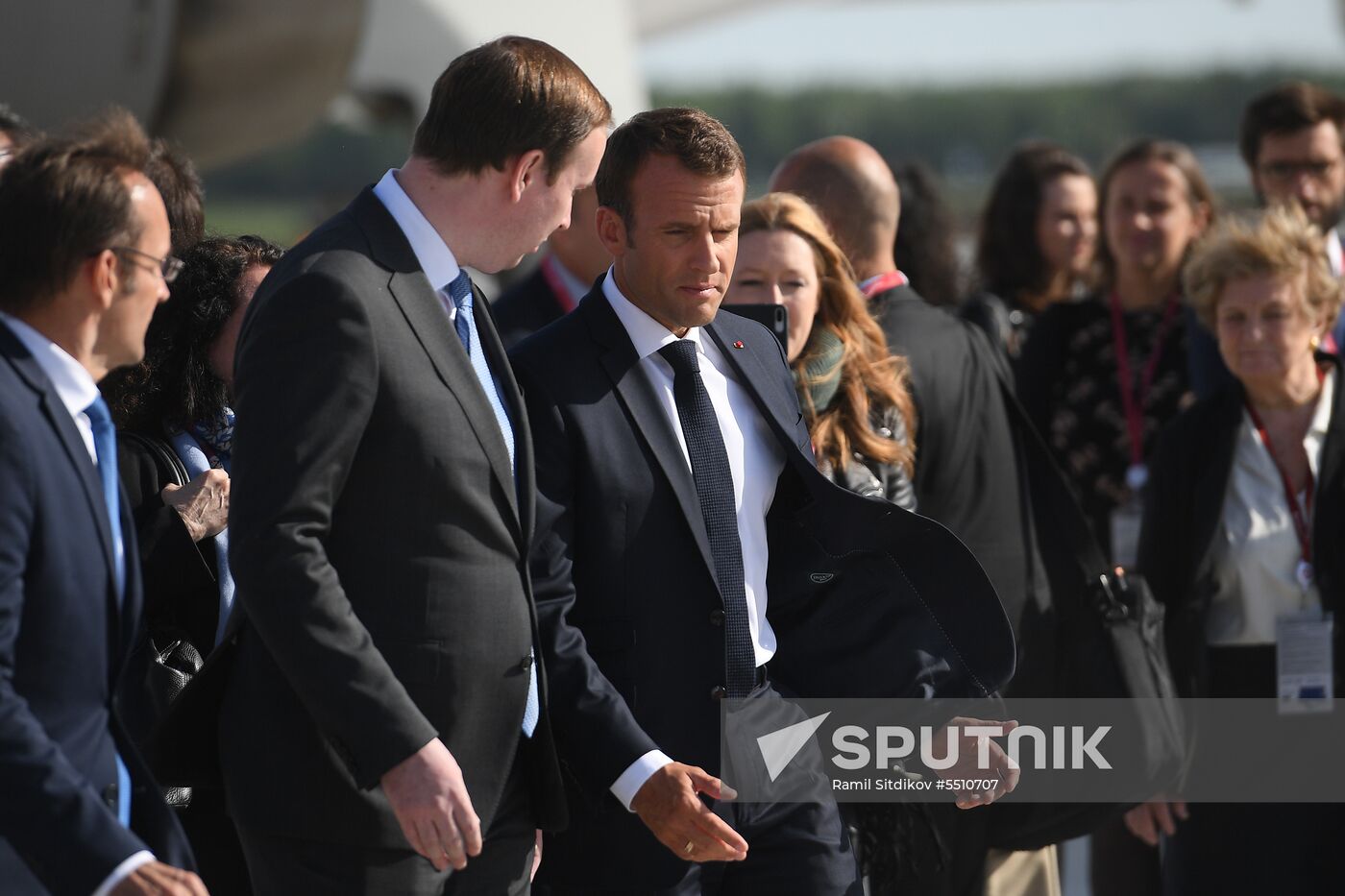 French President Emmanuel Macron arrives in St. Petersburg