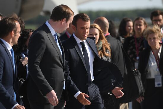 French President Emmanuel Macron arrives in St. Petersburg