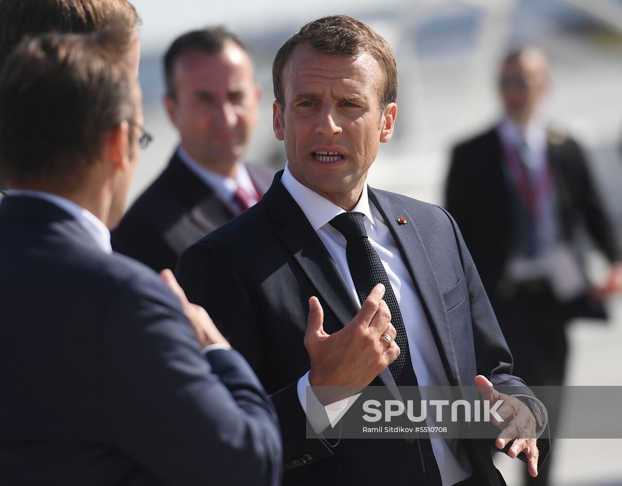 French President Emmanuel Macron arrives in St. Petersburg