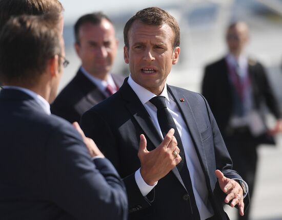 French President Emmanuel Macron arrives in St. Petersburg