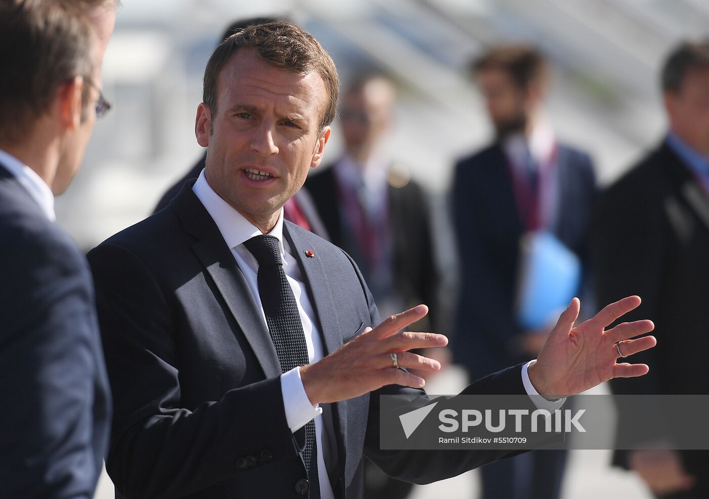 French President Emmanuel Macron arrives in St. Petersburg