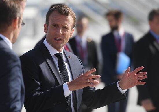 French President Emmanuel Macron arrives in St. Petersburg