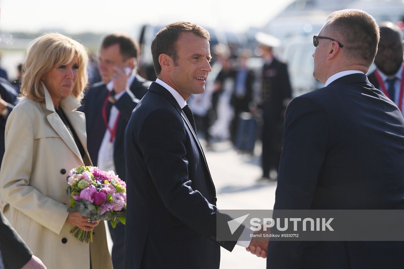 French President Emmanuel Macron arrives in St. Petersburg