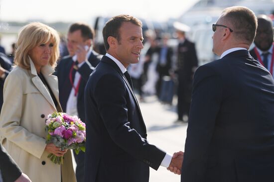French President Emmanuel Macron arrives in St. Petersburg