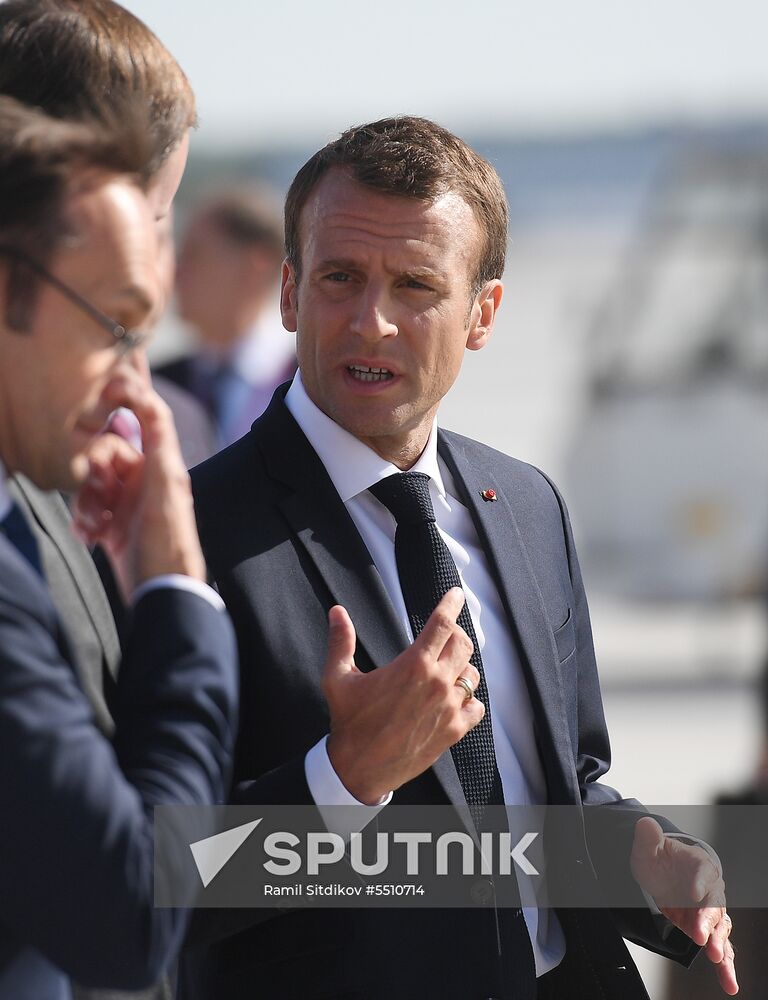French President Emmanuel Macron arrives in St. Petersburg