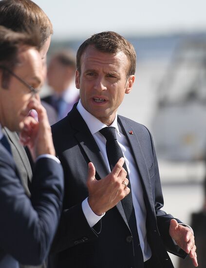 French President Emmanuel Macron arrives in St. Petersburg