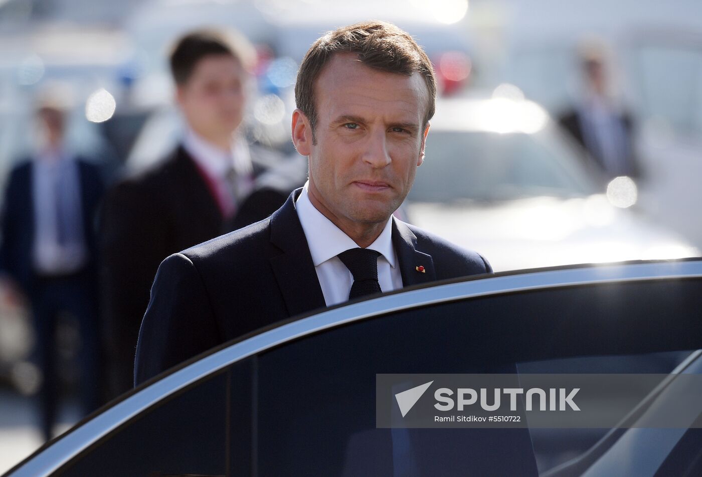 French President Emmanuel Macron arrives in St. Petersburg
