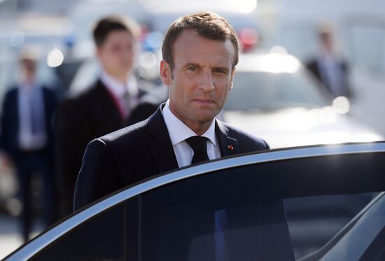 French President Emmanuel Macron arrives in St. Petersburg