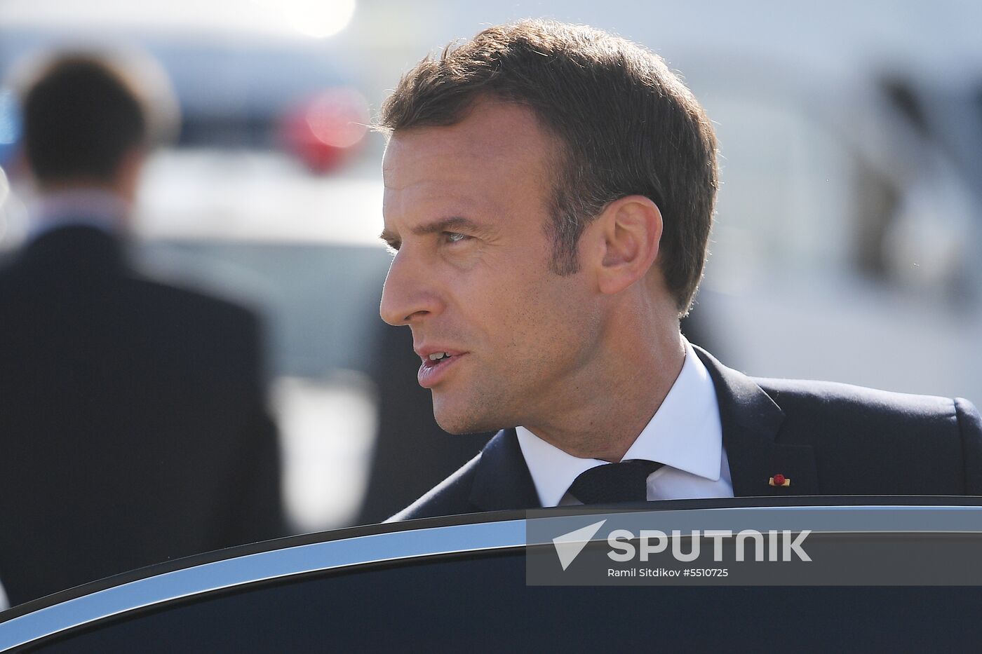 French President Emmanuel Macron arrives in St. Petersburg