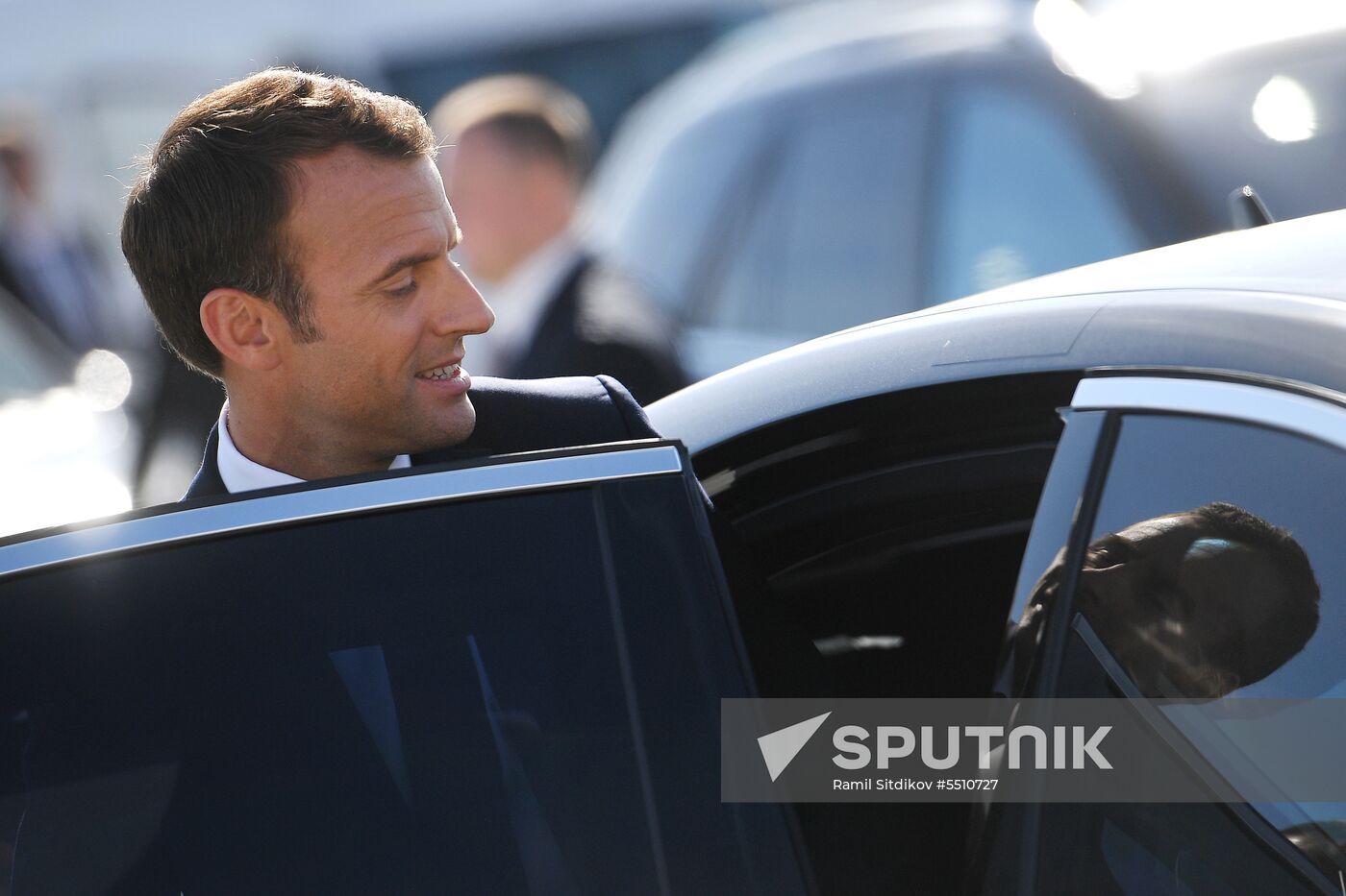 French President Emmanuel Macron arrives in St. Petersburg