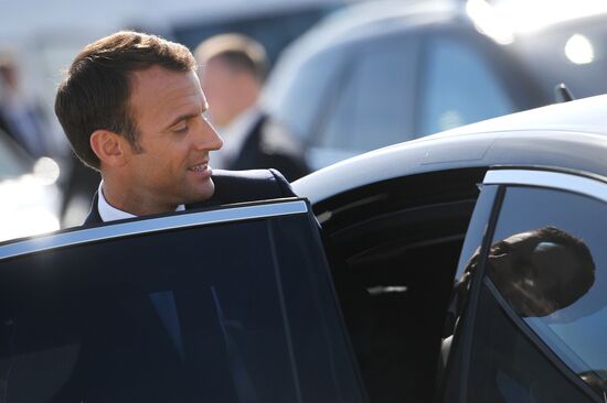 French President Emmanuel Macron arrives in St. Petersburg