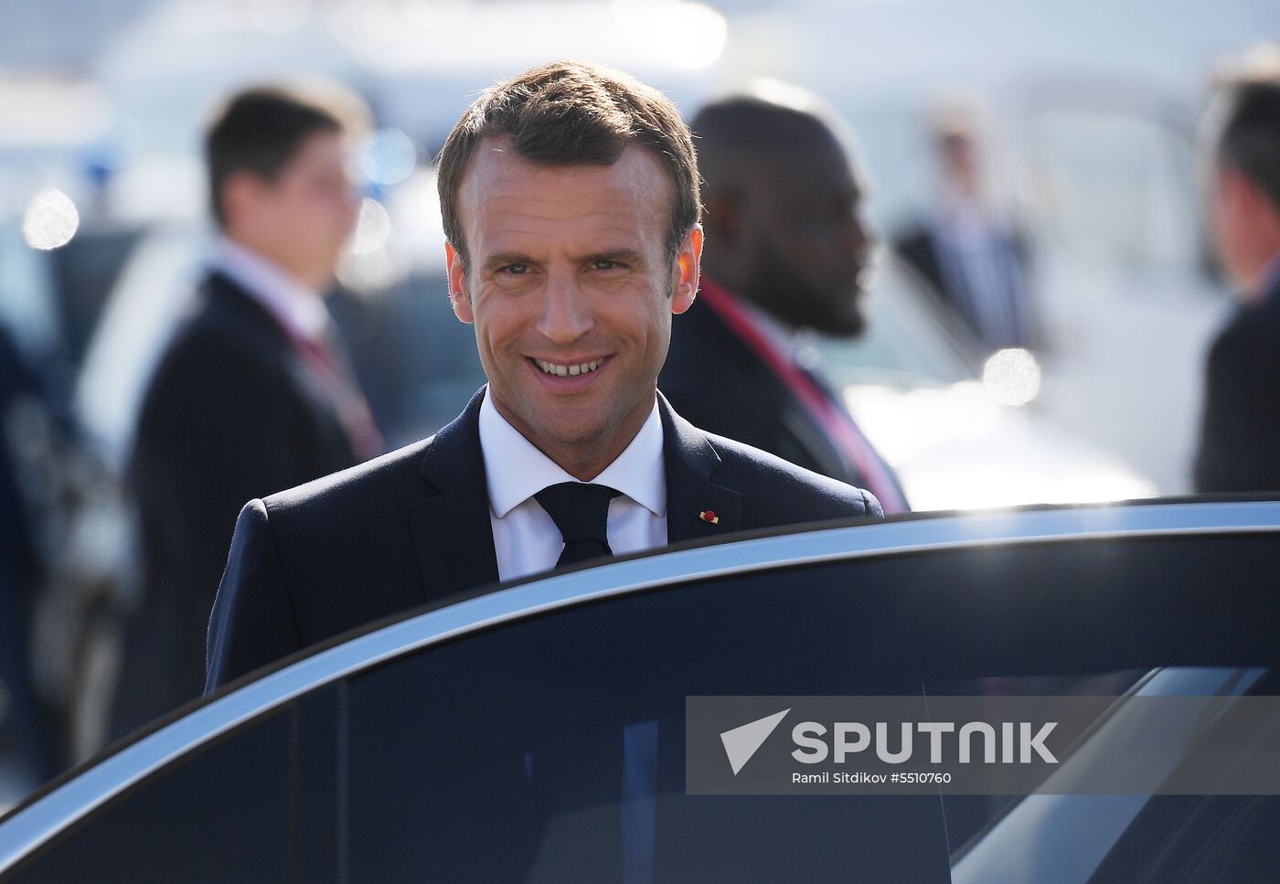 French President Emmanuel Macron arrives in St. Petersburg