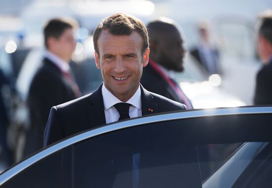 French President Emmanuel Macron arrives in St. Petersburg