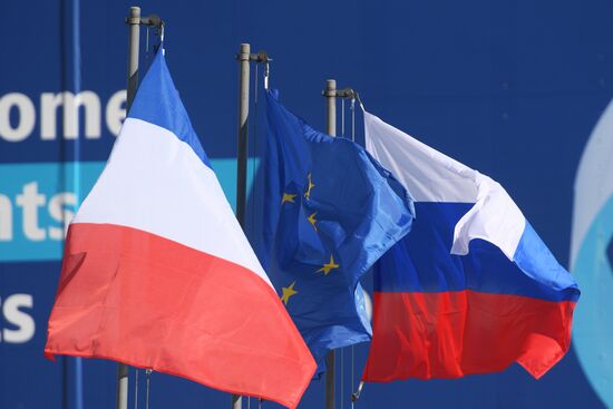 French President Emmanuel Macron arrives in St. Petersburg