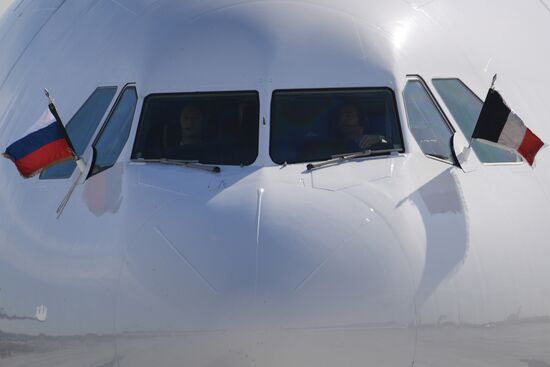 French President Emmanuel Macron arrives in St. Petersburg