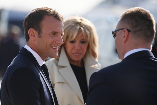 French President Emmanuel Macron arrives in St. Petersburg