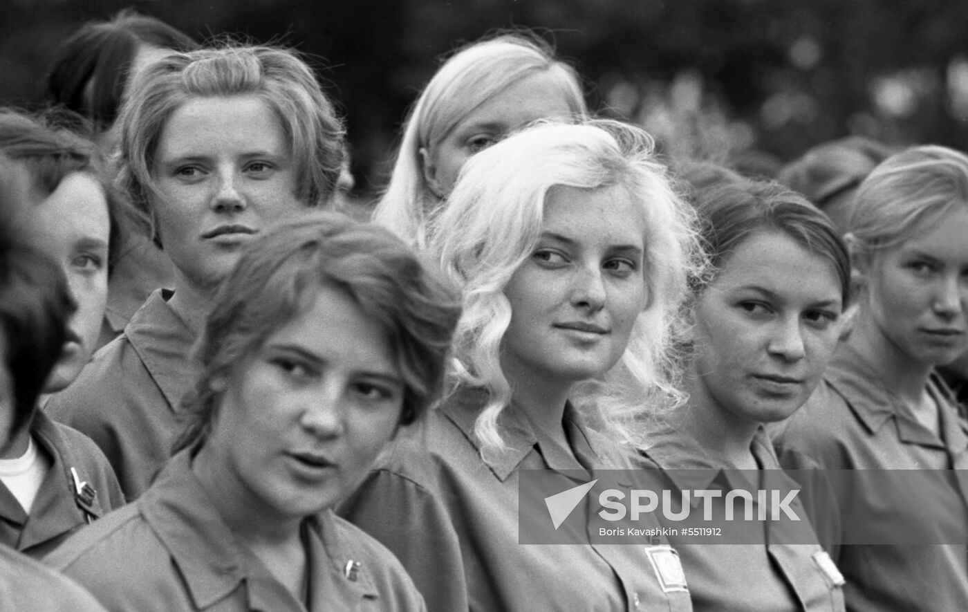Members of student construction brigade of Kuybyshev Moscow Civil Engineering Institute