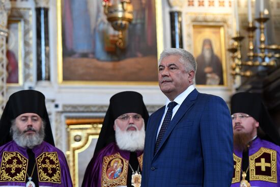 Russian Minister of Internal Affairs Vladimir Kolokoltsev passes ancient icons to Patriarch Kirill