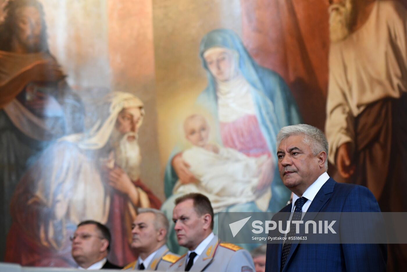 Russian Minister of Internal Affairs Vladimir Kolokoltsev passes ancient icons to Patriarch Kirill