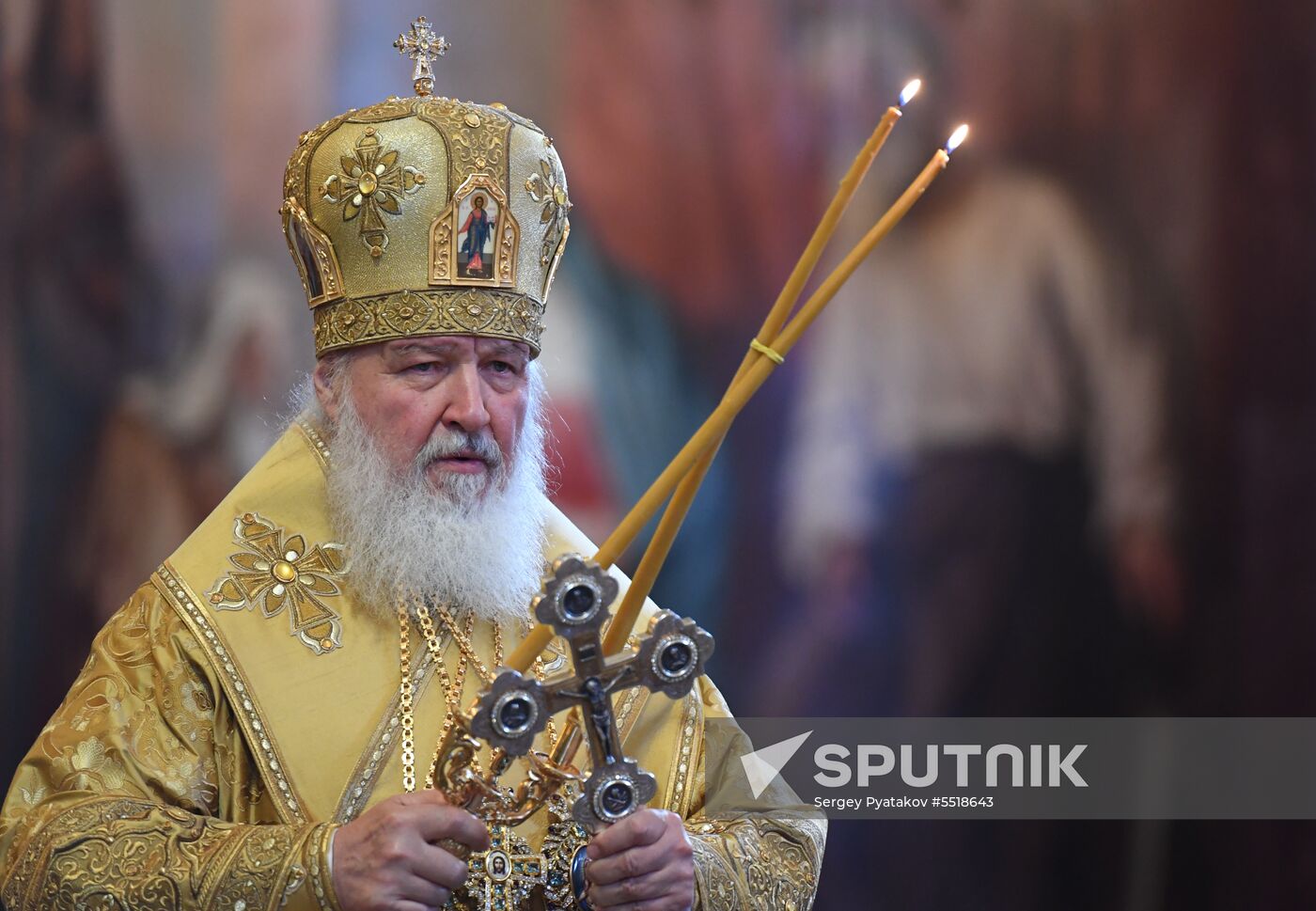 Russian Minister of Internal Affairs Vladimir Kolokoltsev passes ancient icons to Patriarch Kirill