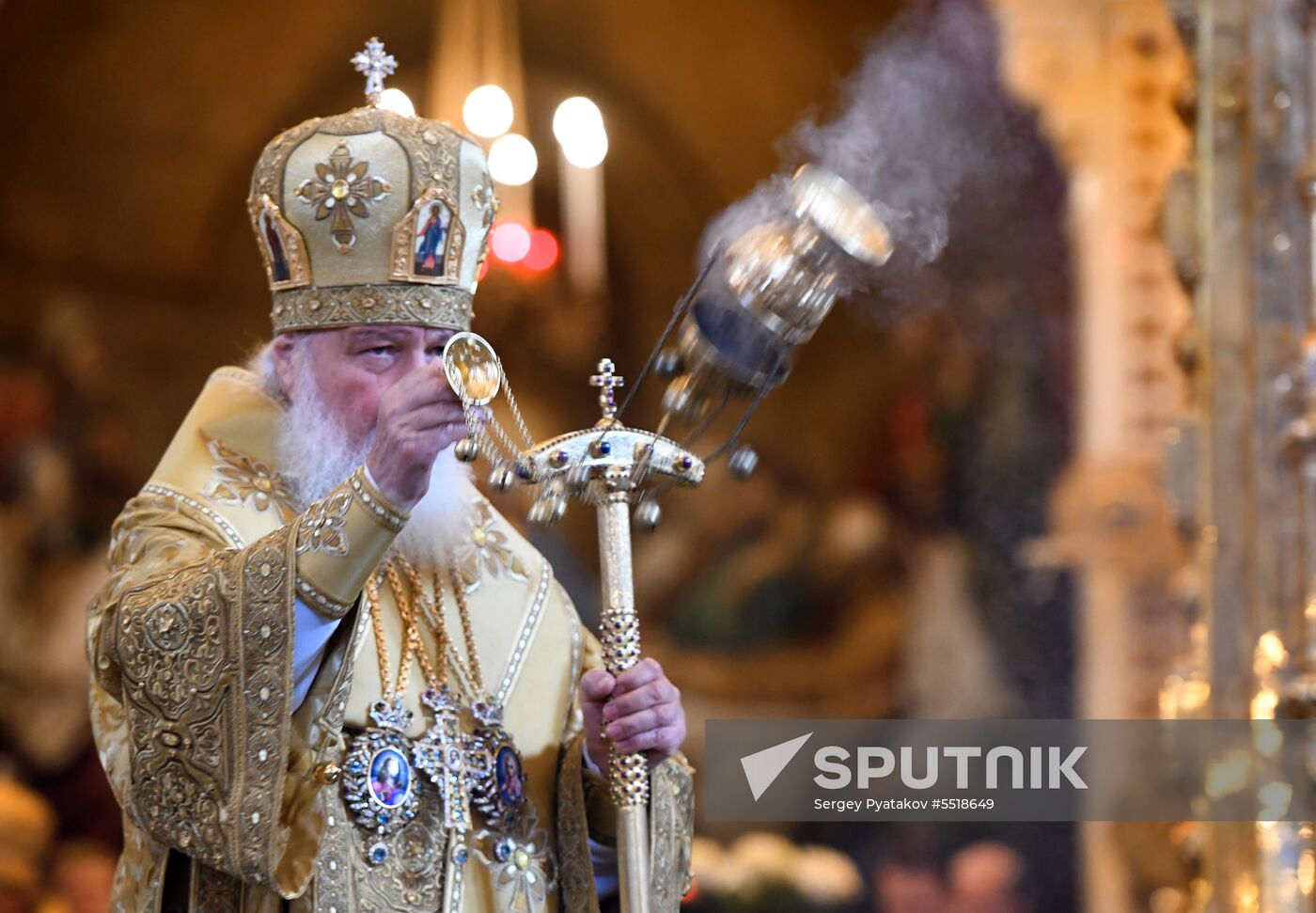 Russian Minister of Internal Affairs Vladimir Kolokoltsev passes ancient icons to Patriarch Kirill