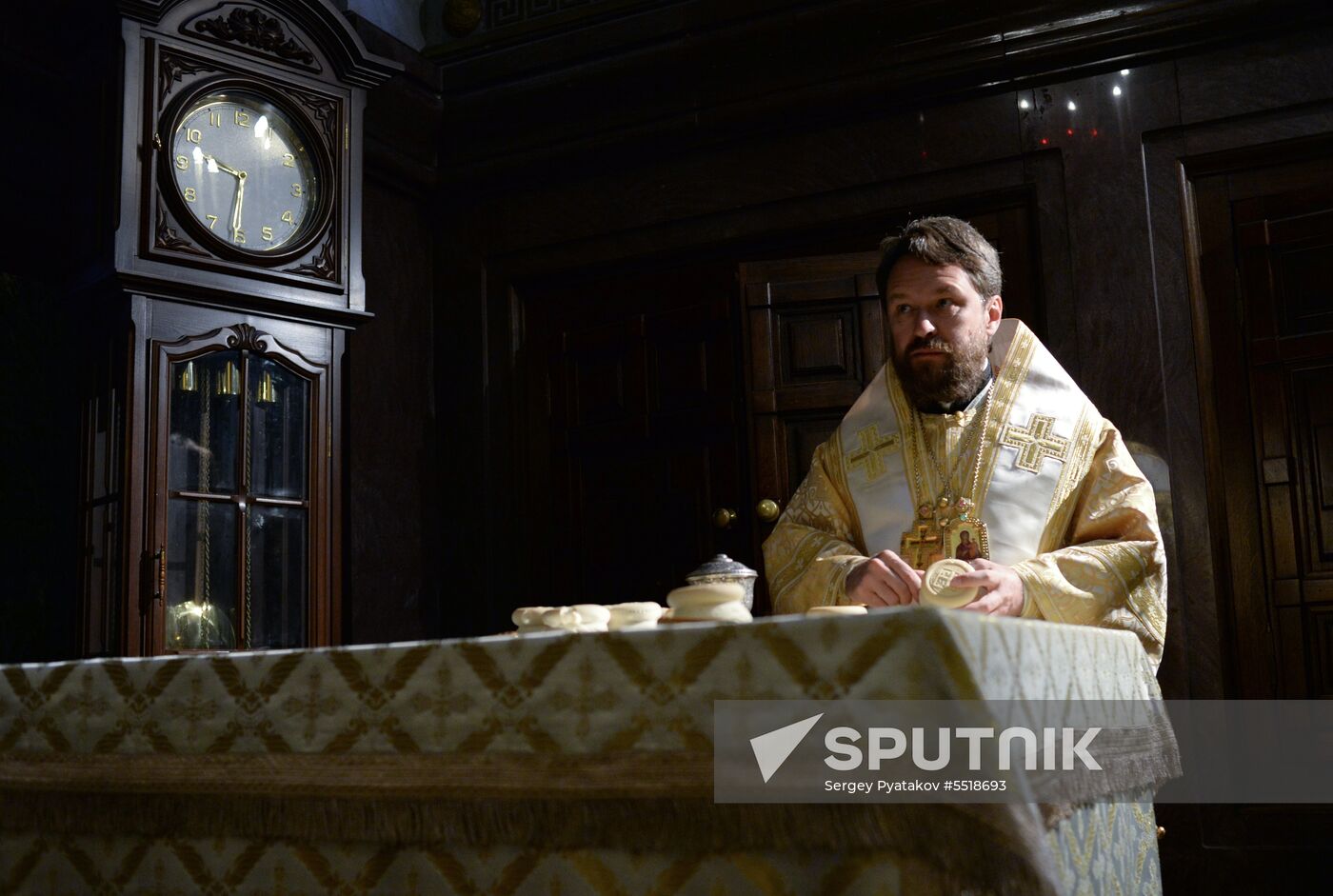 Russian Minister of Internal Affairs Vladimir Kolokoltsev passes ancient icons to Patriarch Kirill