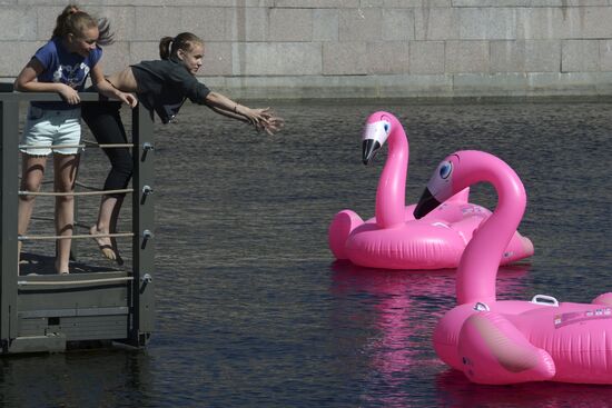 Beach with inflatable pink flamingos opens on St. Petersburg's New Holland Island