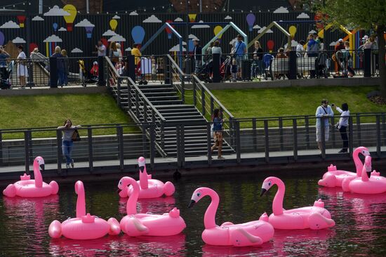 Beach with inflatable pink flamingos opens on St. Petersburg's New Holland Island