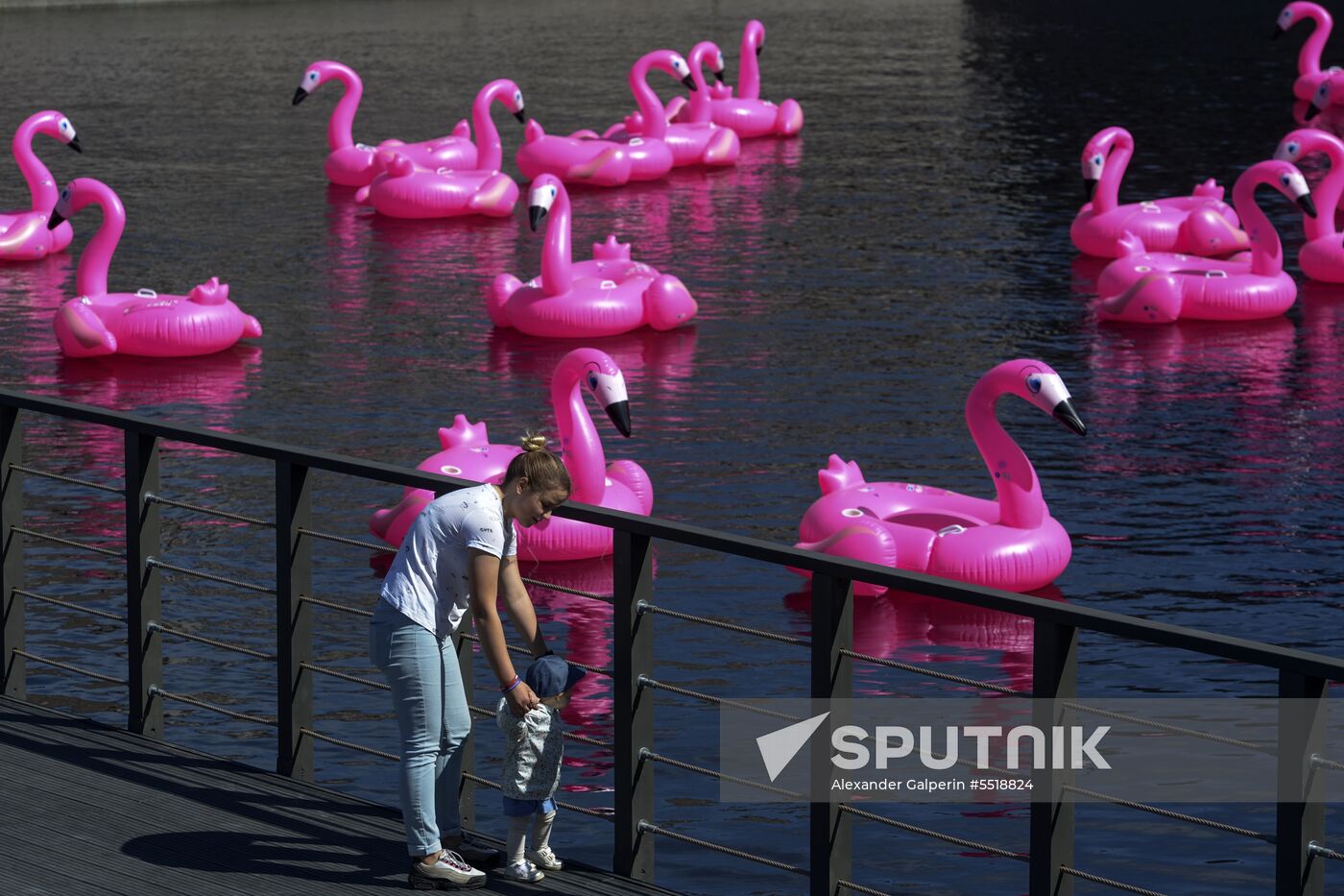 Beach with inflatable pink flamingos opens on St. Petersburg's New Holland Island