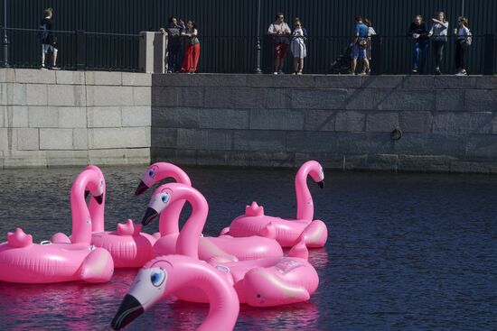 Beach with inflatable pink flamingos opens on St. Petersburg's New Holland Island
