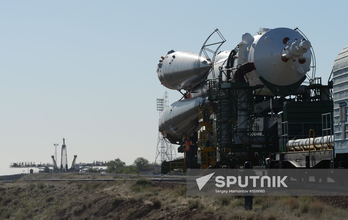 Delivering the Soyuz-FG launch vehicle with the Soyuz MS-09 manned spacecraft to the First Gagarinsky Launch Pad at the Baikonur launch site. Location: Kazakhstan, Baikonur. Author: Sergey Mamontov/Sputnik. Soyuz-FG launch vehicle delivered to Baikonur launch site