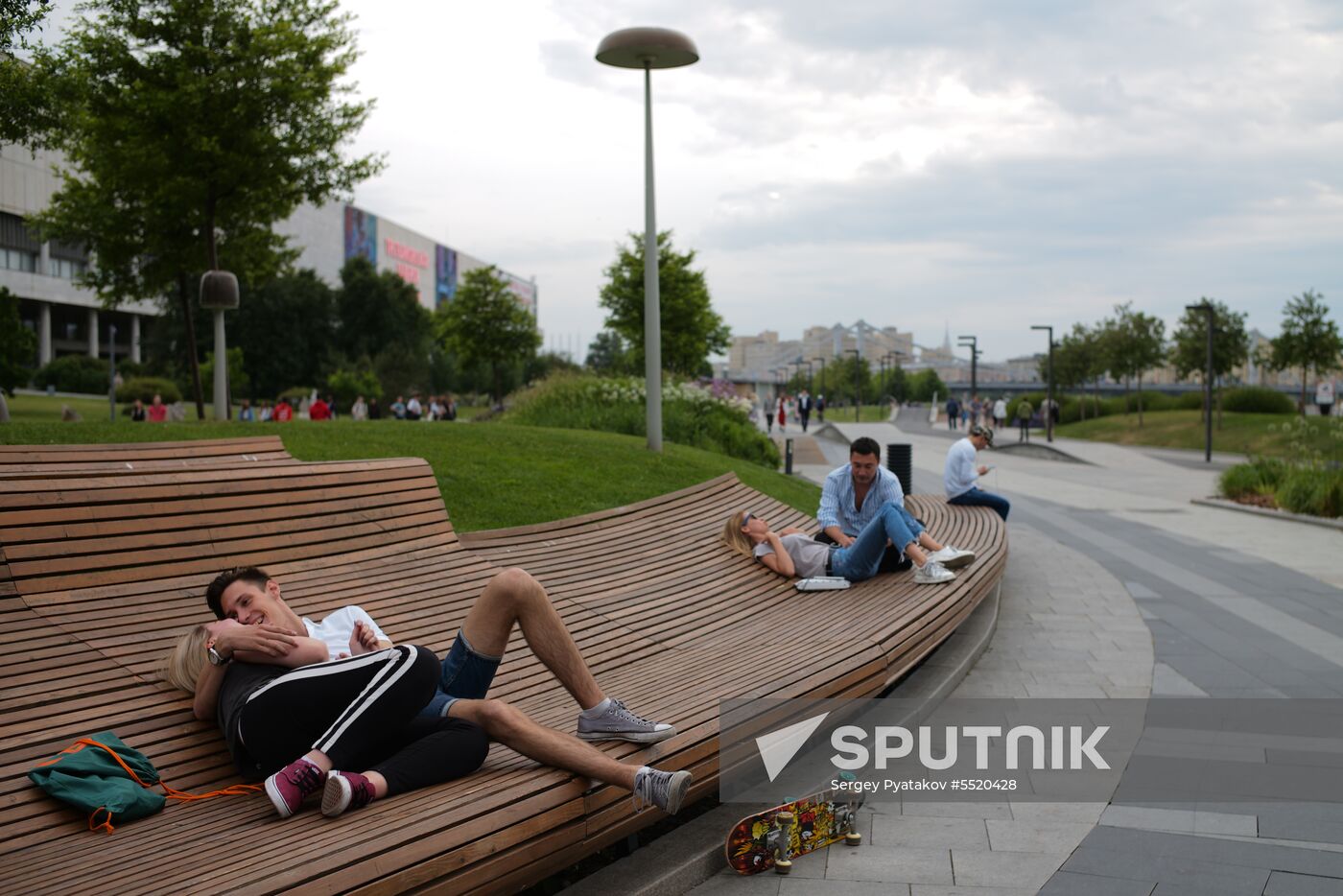 People relax at Museon arts park in Moscow