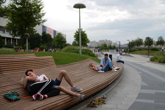 People relax at Museon arts park in Moscow