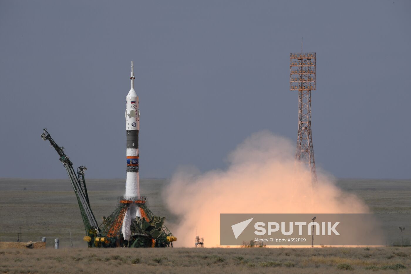 Launch of Soyuz MS-09 manned spacecraft with members of extended ISS Expedition 56/57