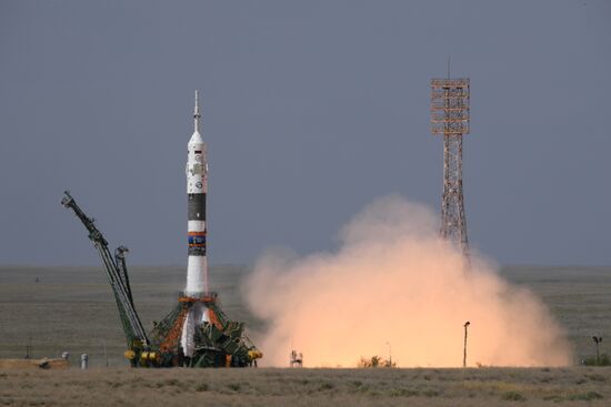 Launch of Soyuz MS-09 manned spacecraft with members of extended ISS Expedition 56/57