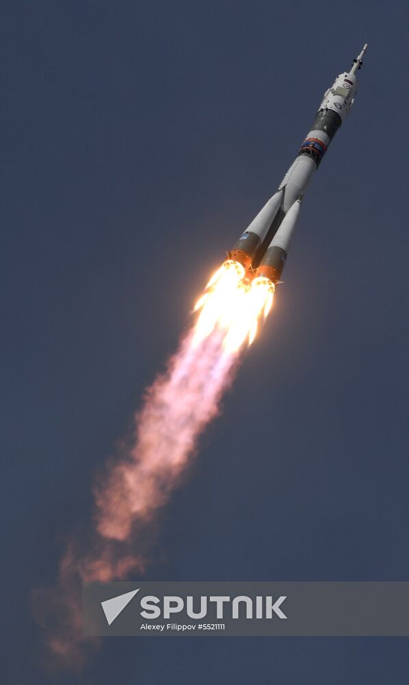 Launch of Soyuz MS-09 manned spacecraft with members of extended ISS Expedition 56/57