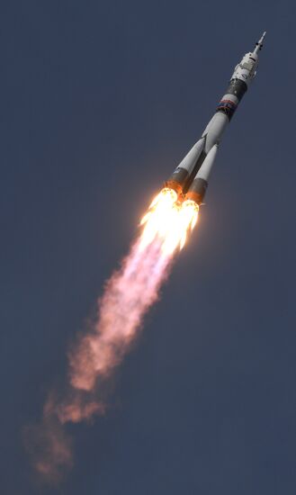 Launch of Soyuz MS-09 manned spacecraft with members of extended ISS Expedition 56/57