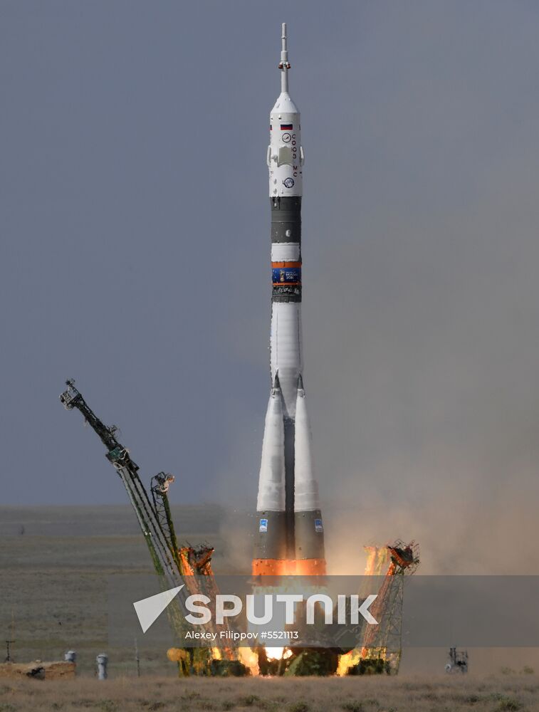 Launch of Soyuz MS-09 manned spacecraft with members of extended ISS Expedition 56/57