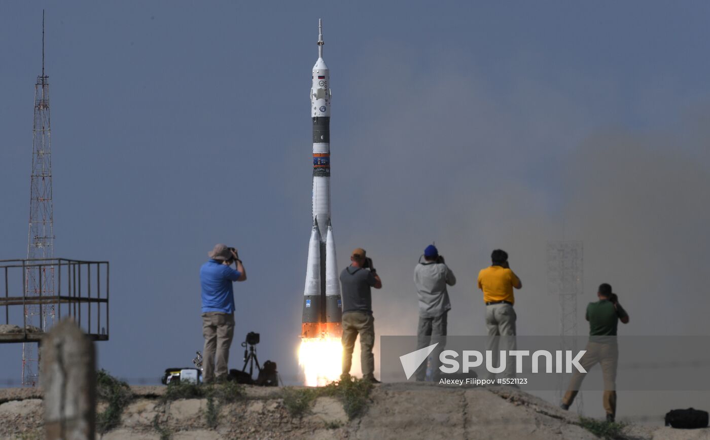 Launch of Soyuz MS-09 manned spacecraft with members of extended ISS Expedition 56/57