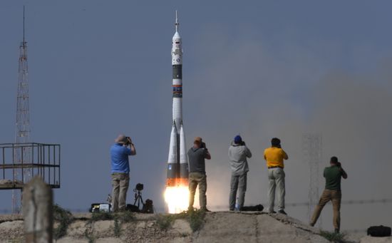Launch of Soyuz MS-09 manned spacecraft with members of extended ISS Expedition 56/57