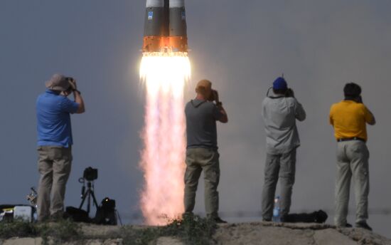 Launch of Soyuz MS-09 manned spacecraft with members of extended ISS Expedition 56/57