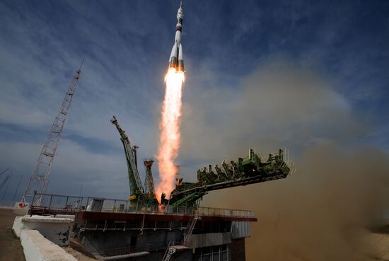 Launch of Soyuz MS-09 manned spacecraft with members of extended ISS Expedition 56/57
