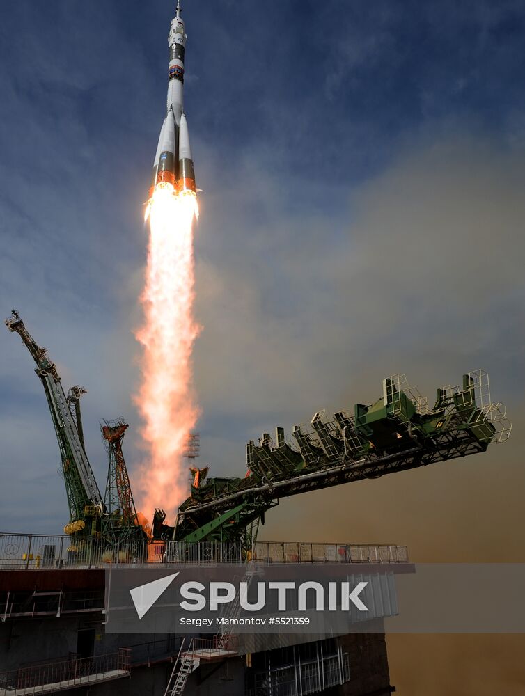 Launch of Soyuz MS-09 manned spacecraft with members of extended ISS Expedition 56/57