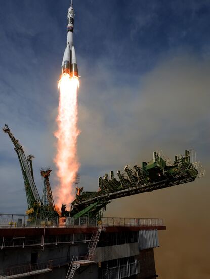 Launch of Soyuz MS-09 manned spacecraft with members of extended ISS Expedition 56/57